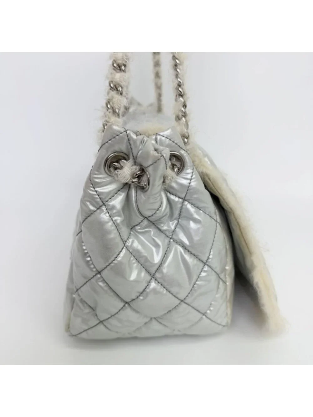 Chanel CC Logo Chain Tote Shoulder Bag Nylon Silver Ivory Seal Vintage